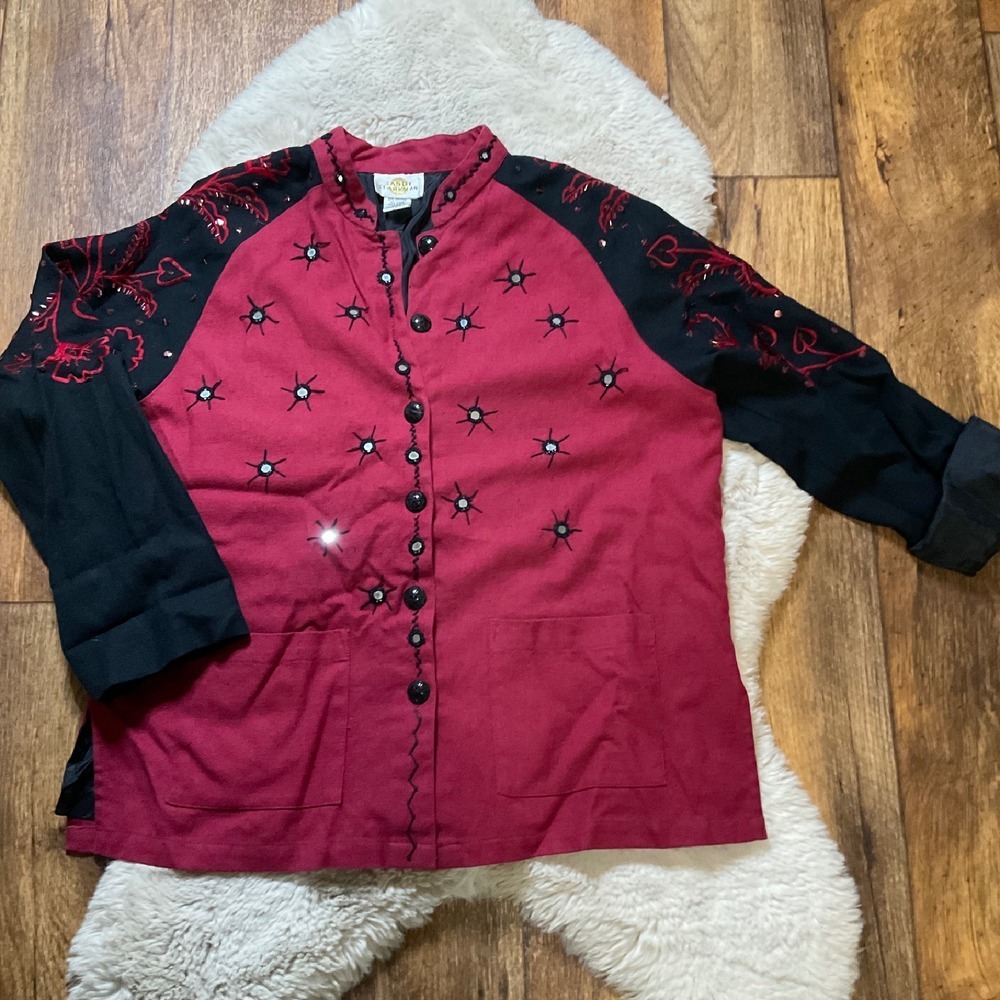 Sandy Starkman Jacket‎ Womens Size Large Cotton Linen Red Embroidered Flashy